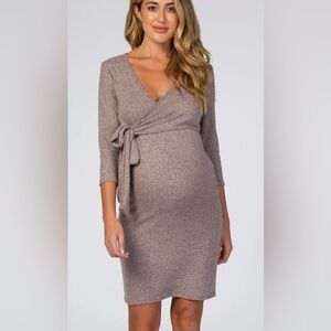 Pink Brushed Knit Wrap Fitted Maternity/Nursing Dress